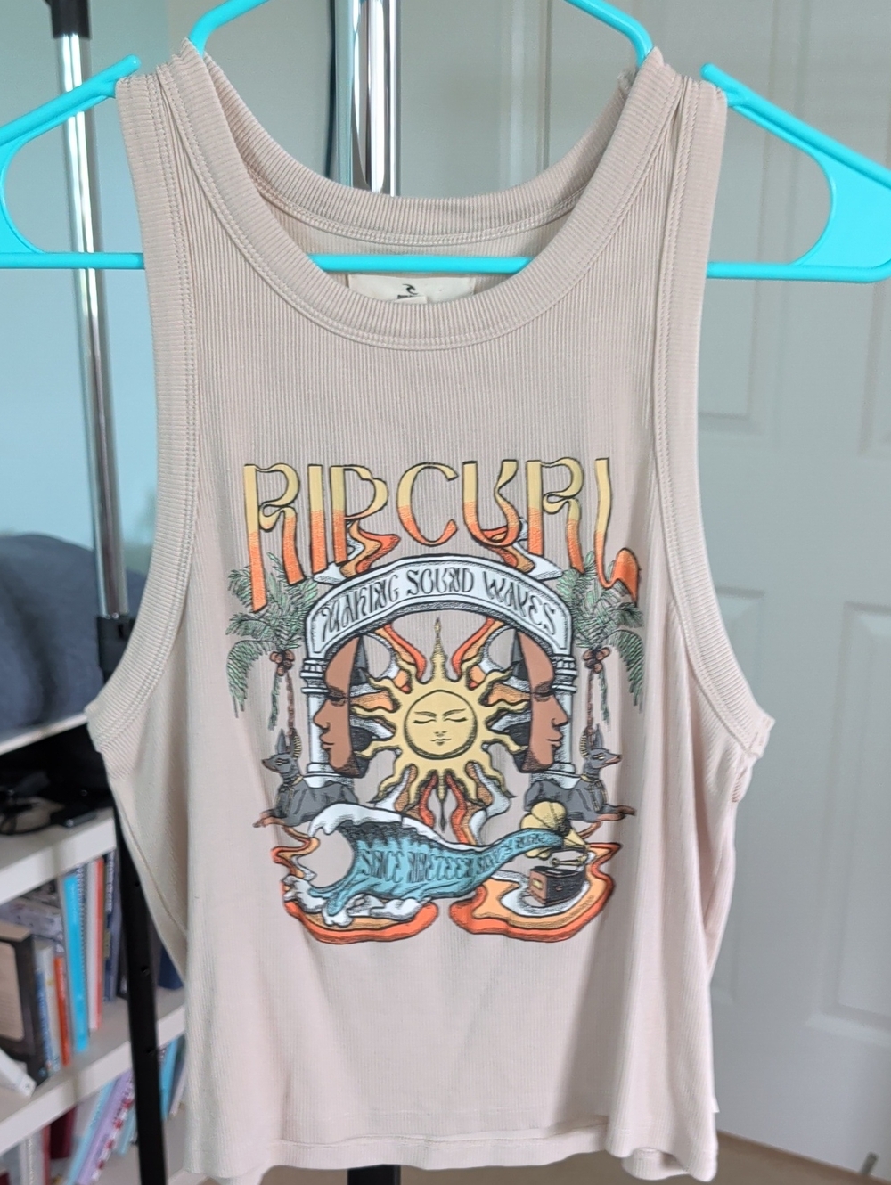 Rip Curl Beige Ribbed Tank with Retro Sun & Surf Graphic